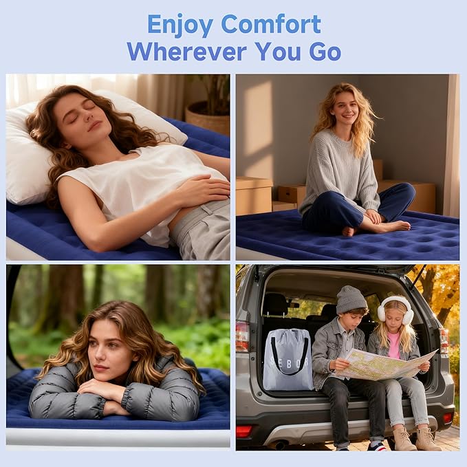 Sebor Air Mattress Queen with Built-in Pump 18", Comfortable Self-Inflating Air Mattress with High-Speed Pump, Durable Blow Up Mattress Queen with Storage Bag for Guests, Camping, Travel