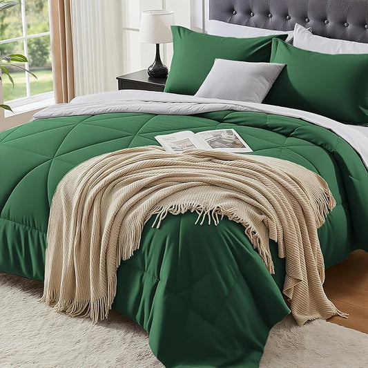 BEDELITE Twin XL Comforter Set 5 Pieces Bed in A Bag - Soft Microfiber Reversible Twin Extra Long Dark Green Bed Set with Comforters, Sheets, Pillowcase & Sham, Cozy Bedding Sets for College Dorm Room