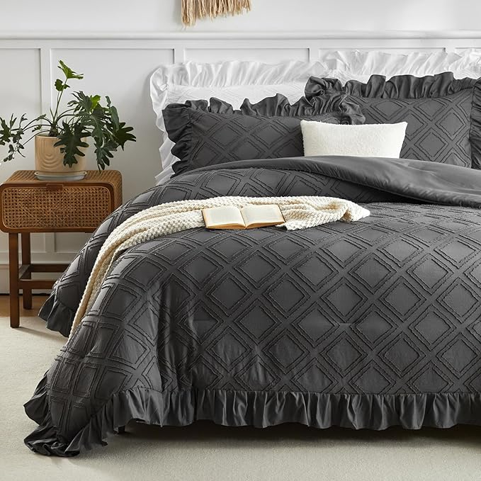 Flysheep Tufted Grids Ruffle Comforter Set Twin Size, 3 Pieces Dark Grey Vintage Farmhouse Shabby Chic Comforters, Jacquard Boho Bohemian Bedding Set for Kids (1 Ruffled Comforter+ 2 Pillow Shams)