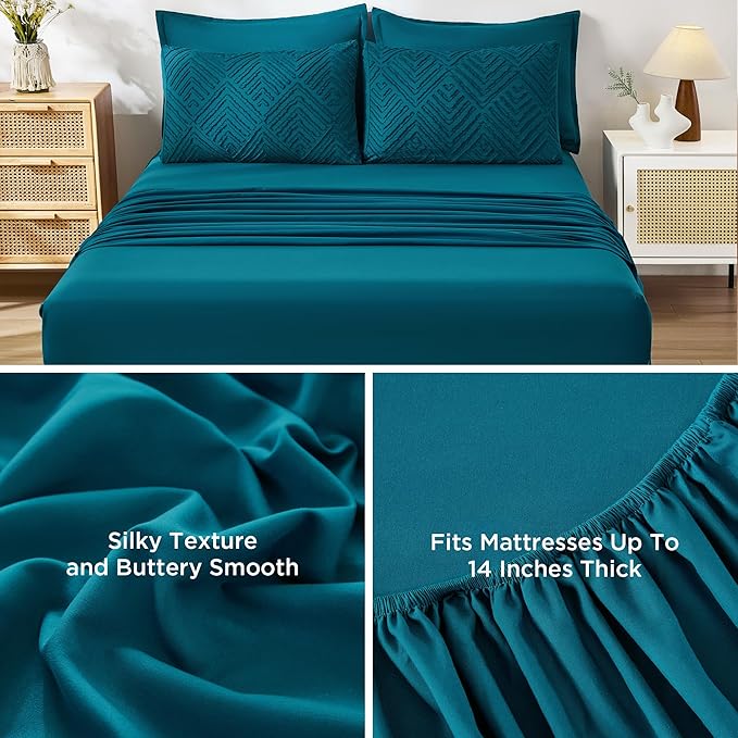 Andency California King Comforter Set Teal - 7 Pieces Bed in a Bag Cal King Bedding Comforter Sets, Tufted Lightweight Fluffy Bed Set with Comforter, Sheets, Pillowcases & Shams