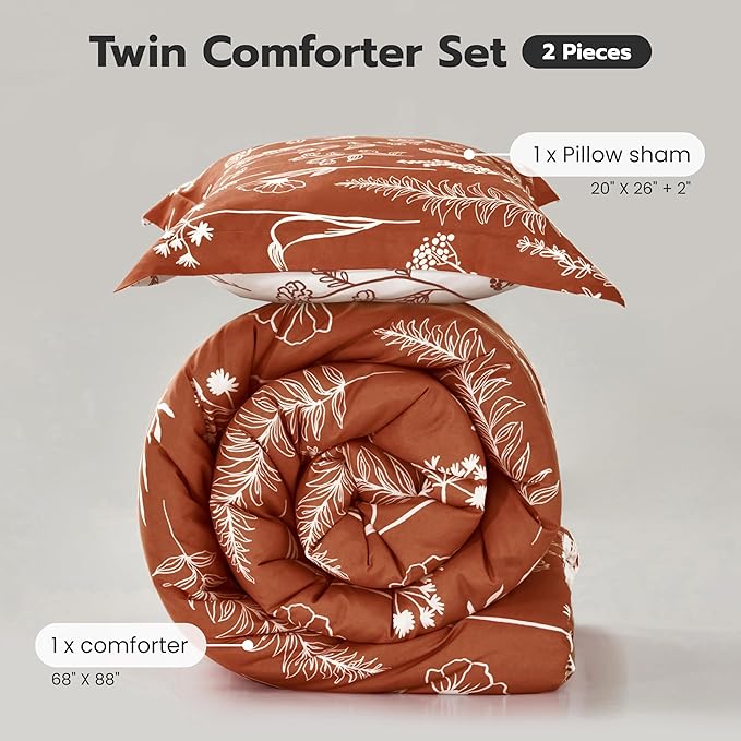 Joiedomi Twin Comforter Set Terracotta, 2 Pieces Floral Twin Bedding Set with 1 Soft Reversible Botanical Comforter and 1 Pillow Sham, Bed in a Bag for All Seasons