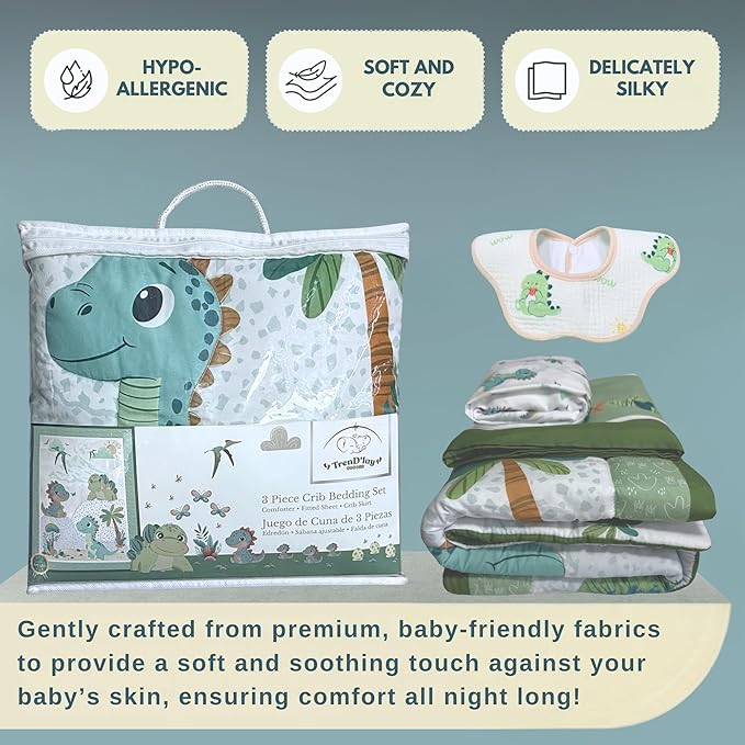 TrenD'lay 4 Piece - Includes Comforter, Fitted sheet, Crib skirt and Bib. Unisex Baby Dinosaurs Crib bedding set for Boys or Girls. Crib Comforter set for Newborn and Baby Nursery Decor. Baby Bedding.