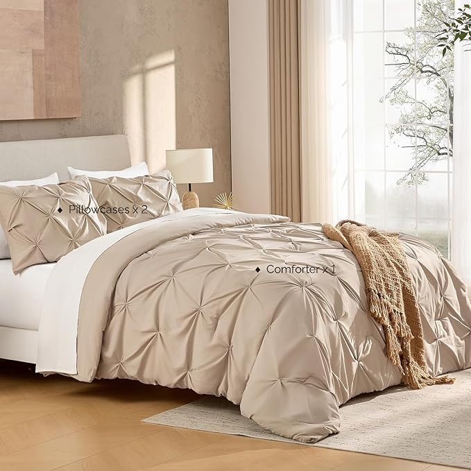 Andency Wheat Comforter Full Size, 3 Pieces Lightweight Pinch Pleat Comforter Sets for Full Bed, Soft Microfiber Bedding Comforter Set(1 Pintuck Comforter and 2 Pillowcases)