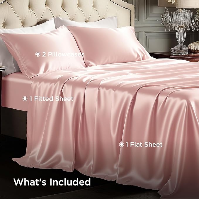 Bedsure Pink Satin Sheets King Size - 4 Piece Silky Bedsheets with 15 Inches Deep Pocket Fitted Bedsheet,1 Flat Sheet, 2 Satin Pillowcases, Good for Hair & Skin (King, Peach Pink)
