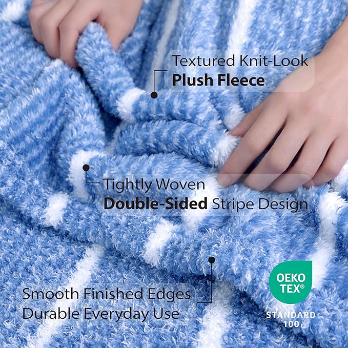DEZ FURNISHINGS Oversized Cozy Knit Look Cloud-Soft Plush Printed Fleece Throw Blanket, Lightweight & Breathable, Queen (90" x 90"), Persian Blue Stripe
