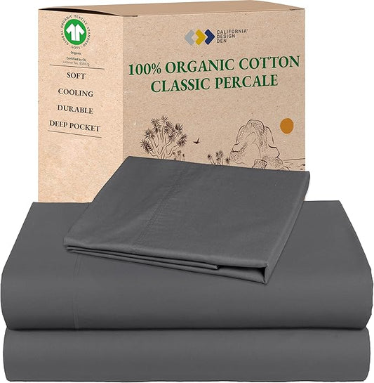 California Design Den Twin Sheets Set - Deep Pocket 100% Organic Cotton Sheets, Cool & Crisp Percale, Durable Bedding Set - Grey