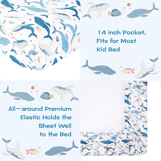 Kids Sheet Set Twin Size, Twin Sheet Set with Marine Whales Pattern，Breathable Silky Soft Microfiber Kids Fitted Sheet