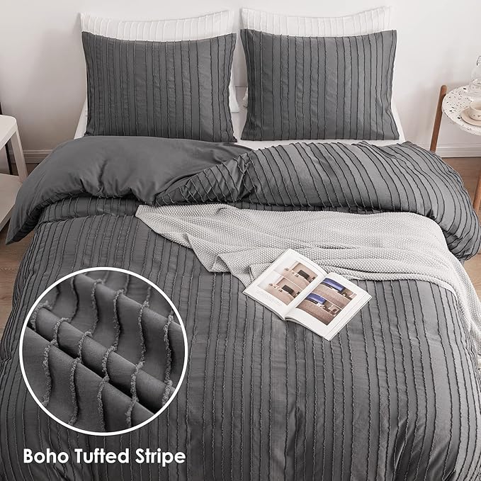 WARMDERN Gray Boho Duvet Cover Set, Striped Textured Tufted Bedding, Twin Size Washed Microfiber Duvet with Zipper Closure & Corner Ties