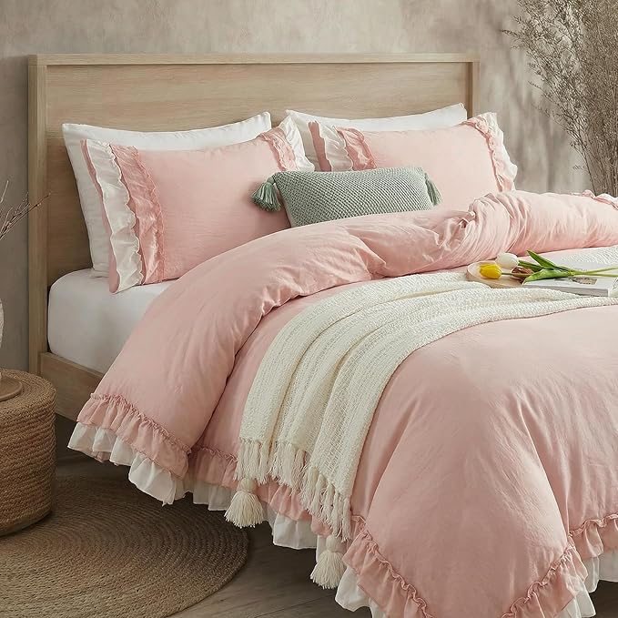 Bedorm Ruffle Duvet Cover Twin Coquette Bedding Ultra Soft Breathable Shabby Chic Bedding Pink Ruffled Duvet Cover Set Cute Comforter Cover