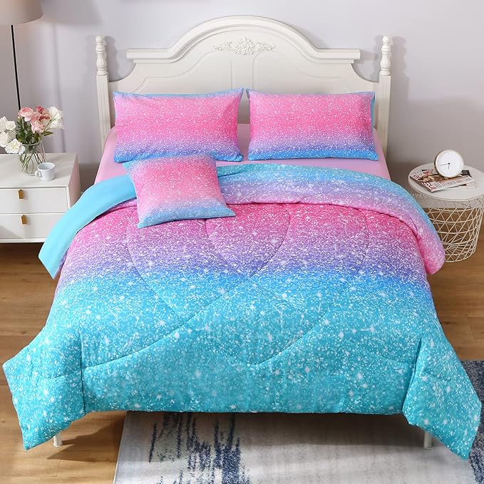 JQinHome Glitter Comforter Set Queen Size, 6 Piece Bed in A Bag 3D Colorful Duvet Pink Blue Bedding Set for Girls Women (1 Comforter,2 Pillowcases,1 Flat Sheet,1 Fitted Sheet,1 Cushion Cover)