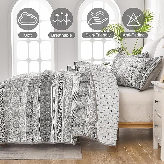 WONGS BEDDING Boho Quilt Set Full Size, Grey Bohemian 3 Pieces Quilt Sets, Lightweight Microfiber Bedspread Coverlet Bedding Set for All Season (78"x90")