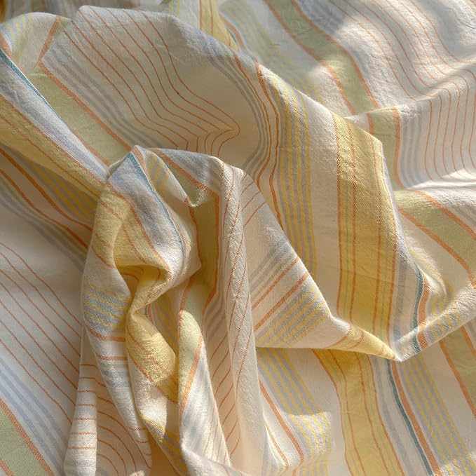 Retro Striped Duvet Cover Set Full, 100% Washed Cotton Colorful Yellow Stripes Pattern Printed Bedding Set, 3 Pieces Soft Breathable Duvet Cover Vintage Striped Comforter Cover with 2 Pillowcases