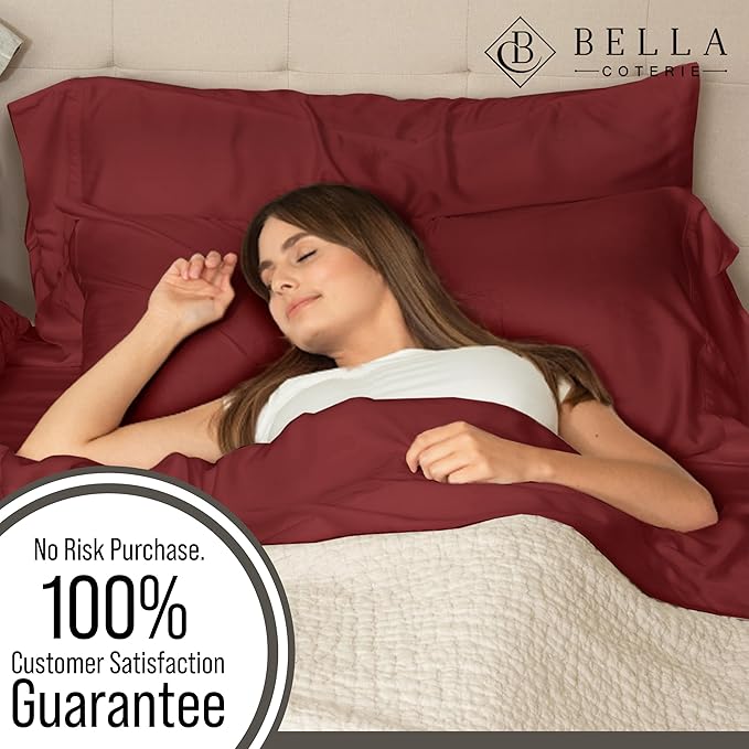 Bella Coterie 6 Piece Luxury Bamboo Viscose Queen Size Sheet Set | 100% Organically Grown | Cooling for Hot Sleepers | 18" Deep Pocket | Soft & Hypoallergenic | 4 Pillowcases [Merlot]