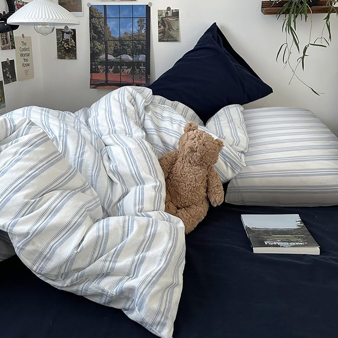 mixinni Vintage Blue & White Striped Duvet Cover Set - 3 Piece 100% Washed Cotton Full Size Bedding | Minimalist Relaxed Style | Ultra Soft Breathable, with Zipper Closure & Corner Ties-Full Size