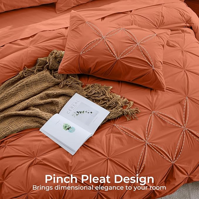 Sasttie Full Size Comforter Set, 7-Piece Bed in a Bag, Pintuck Bedding Set for All Season, Includes Comforter, Flat Sheet, Fitted Sheet, Pillowcases and Pillowshams, Burnt Orange