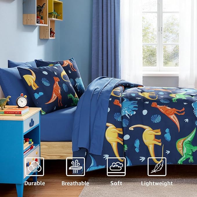 Twin Comforter Set for Boys-5 Pieces Navy Dinosaur Twin Bedding Sets for Kids, Ultra Soft Bed in A Bag with Sheets