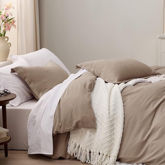 Bedsure Khaki Duvet Cover Full Size - 3 Pieces Prewashed Extra Soft Cotton-Like Polyester Bedding Set, Includes 1 Duvet Cover 80x90 Inches with Zipper Closure & 2 Pillow Shams, Comforter Not Included