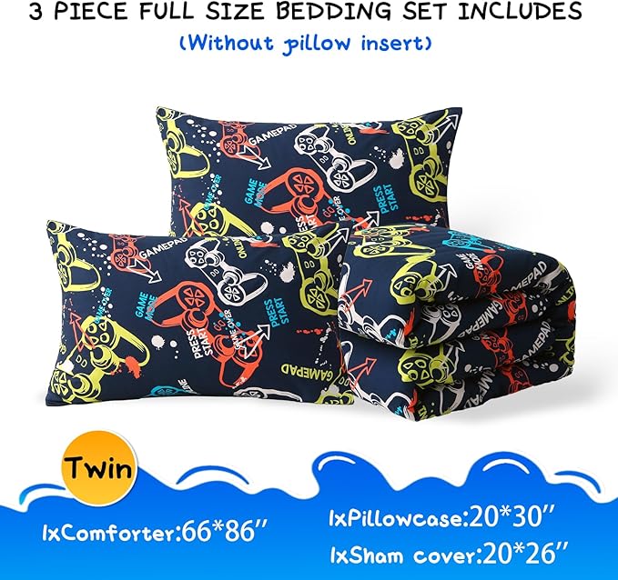 Glow in The Dark Kids Comforter Set, 3 Pieces Gamepad Pattern Bedding Set Twin Size for Boys Girls Teen, 1 Comforter, 1 Pillowcase, 2 Pillow Shams