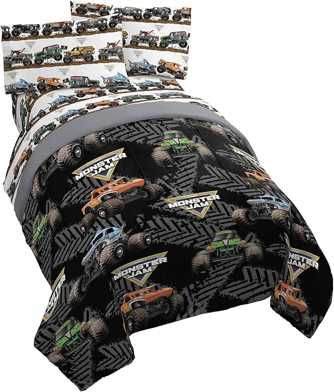 Jay Franco Monster Jam 5 Piece Queen Bed Set - Includes Comforter & Sheet Set - Grave Digger & Megalodon - Super Soft Fade Resistant Microfiber