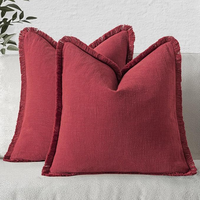 MIULEE Decorative Throw Pillow Covers Neutral Linen Fringe Throw Pillows Euro Shams Set of 2 Burgundy Boho Farmhouse Cushion Covers for Couch Sofa Bed Living Room Home Decor 24x24 Inch