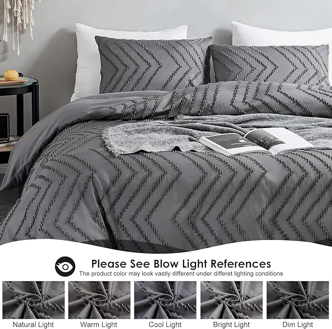 WARMDERN Boho Duvet Cover Set, Tufted Bedding Duvet Covers Soft Washed Microfiber Duvet Cover Queen Size, 3 Pieces Embroidery Shabby Chic Duvet Cover with Zipper Closure(Grey, Queen)