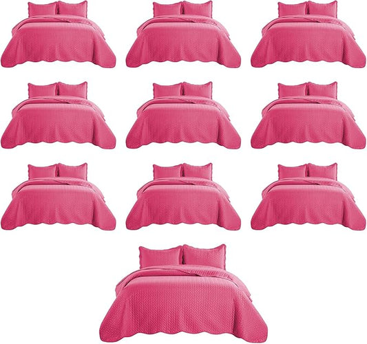 IR Imperial Rooms Queen Quilt Bedding Set (90" x 96") - Bulk Pack of 10 Wholesale for Hotels, Guest Bedroom & Airbnbs - Lightweight Microfiber Reversible Embossed Quilts Bedspreads (Pink)