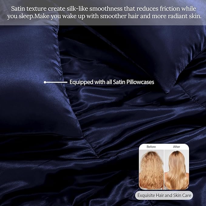 Whale Flotilla 3-Piece Reversible Silky Soft King Size Comforter Bedding Set, Luxurious Satin Comforters Oversized with 2 Satin Pillowcases, Lightweight Duvet for All Seasons, Navy