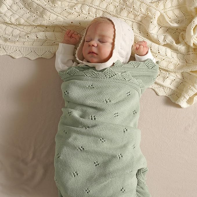 mimixiong Cotton Baby Blanket Knitted Crochet Receiving Crib Nursery Swaddling Blankets for Newborn Baby Boy Girl Sage Green 30x40 Inch