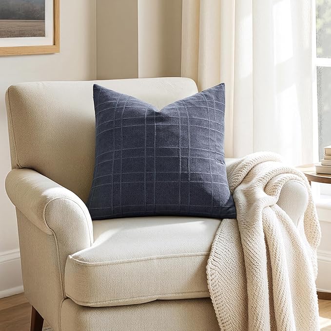 MIULEE Decorative Linen Check Euro Shams Throw Pillow Covers Neutral Farmhouse Vintage Pillow Covers 22x22 Set of 2 Boho Modern Home Decor for Sofa Couch Bedroom Cushion Navy Blue