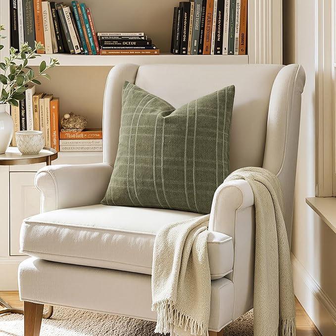 MIULEE Decorative Linen Check Euro Shams Throw Pillow Covers Neutral Farmhouse Vintage Spring Pillow Covers 24x24 Set of 2 Boho Modern Home Decor for Sofa Couch Bedroom Cushion Sage Green