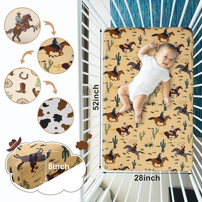 VitalCozy 4 Pcs Western Cowboy Crib Sheet Set Newborn Bedding Nursery Baby Sheets for Girl Boys Baby Gifts for Standard Crib and Toddler Mattresses, 52 x 28 x 8 Inches