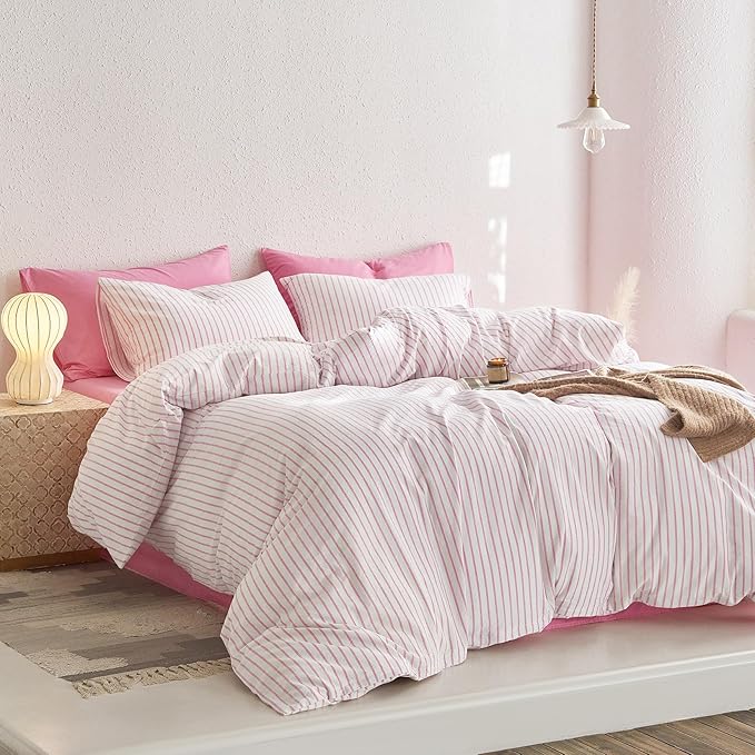 Wake In Cloud - Striped Cotton Duvet Cover Set, Ticking Stripe Vertical Pinstripe Farmhouse, 100% Washed Cotton Textured Percale Bedding Set, 3 Pieces, Pink White, Twin Size