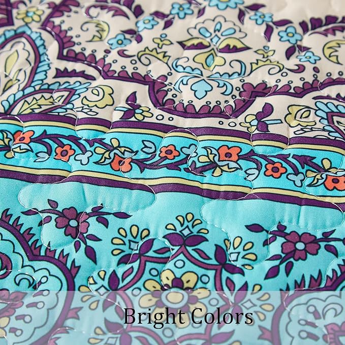 WONGS BEDDING Boho Queen Quilt Set, Blue Purple Bohemian Queen Quilt Bedding Set, Lightweight Microfiber Bed Decor Bedspread for All Season 96"x90"(3 Pieces)