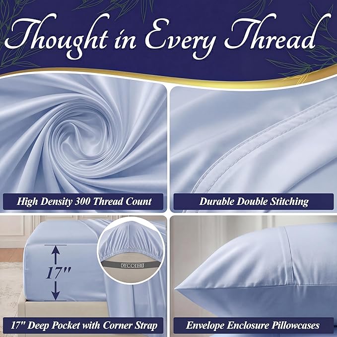 DECOLURE 100% Viscose Derived from Bamboo Sheets California King Size - Luxury 4 Pc Naturally Cooling Sheets, Ultra Soft Bed Set - Deep 17" Pockets, Double Stitching, Oeko Tex Standard (Light Blue)