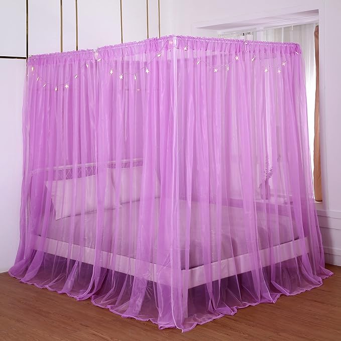 Akiky Bed Canopy with Lights Canopy Bed Curtains Canopy for Girls Boys Adults,Home Decoration Set of 8 Panels (Full/Queen, Purple)