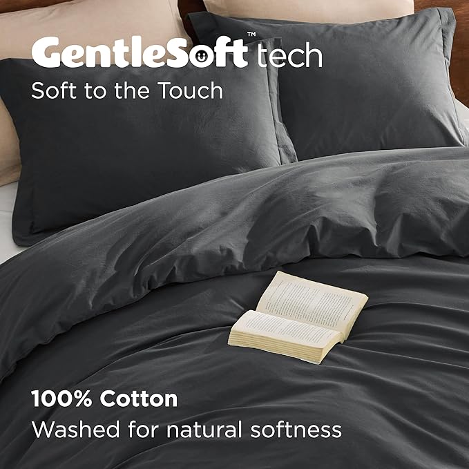Bedsure 100% Washed Cotton Duvet Cover King - Charcoal Minimalist Cotton Duvet Cover Linen Like for All Seasons - GentleSoft™ Plain Simple Bedding (Charcoal, King, 104"x90")