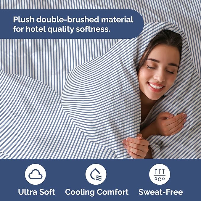 Duvet Cover Twin/Twin XL Size - Extra Soft Twin/Twin XL Size Duvet Cover - Lightweight, Breathable & Cozy w/ Zipper Closures and Ties - 68" x 90" Inches - (Blue Stripes 2) Comforter Not Included