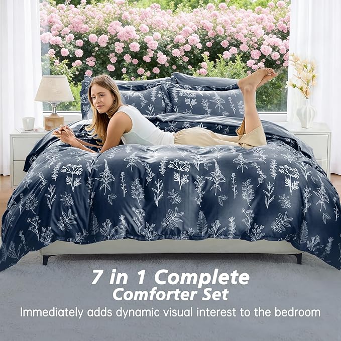 MUXHOMO Navy Blue Twin Comforter Set, Elegant Floral Print Bed in a Bag 5 Pieces, Ultra Soft & Breathable Reversible Botanical Pattern Bedding Set with Comforter, Sheets, Pillowcase, and Sham