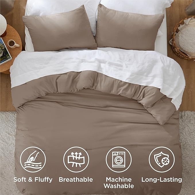 Bedsure Queen Comforter Set, Brown Soft Prewashed Bedding for All Seasons, 3 Pieces GentleSoft™ Bed Set, 1 Lightweight Comforter (90"x90") and 2 Pillowcases (20"x26")