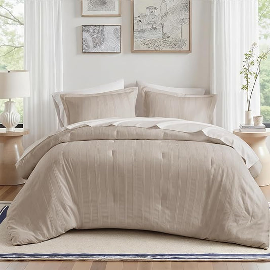 Madison Park Essentials Striped Comforter Set King, 7 Pieces Modern Minimalist Jacquard Bedding Set for All Season, Bed in A Bag with Sheet Set and Soft Brushed Reverse, Lightweight Neutral