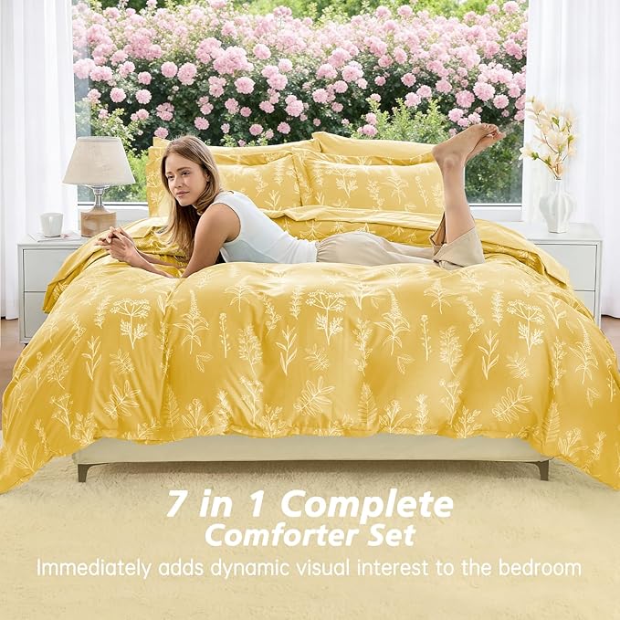 MUXHOMO Bright Yellow Bed in a Bag Queen 7 Pieces, Queen Comforter Set Reversible Botanical Flowers Design, Ultra Soft & Breathable Bedding Sets with Comforter, Sheets, Pillowcases & Shams