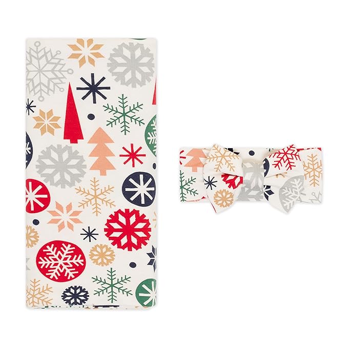 Little Sleepies Swaddle & Headband Bow Set, Viscose from Bamboo Baby Swaddles, Newborn Baby Girl Clothes (Luxe Modern & Merry)