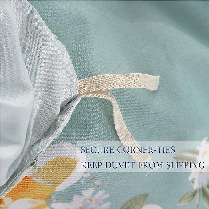 Nanko Full Size Duvet Cover Set, Green Floral Leaf Print Pattern, Microfiber Comforter Quilt Bedding Cover with Zip Ties - Spring Modern Farmhouse Bed Sets for Women Men, Teal Flower 3pc 80 x 90