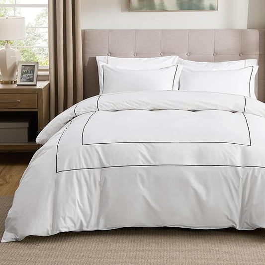 Bedsure Luxury Hotel Duvet Cover King Size, 100% White Cotton Embroidery Bedding Set, Includes 1 Duvet Cover 104x90 Inches with Zipper Closure & 2 Pillow Shams, Comforter Sold Separately