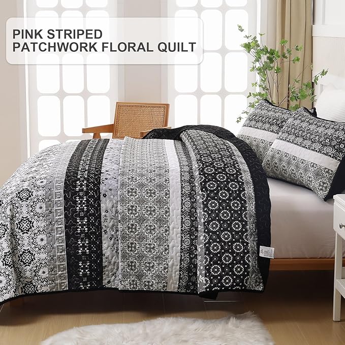 WONGS BEDDING Boho Quilt Set Full Size,Black Bohemian Striped Patchwork Bedspread Set,3 Pieces Microfiber Bedding Set for All Seasons (78"x90")