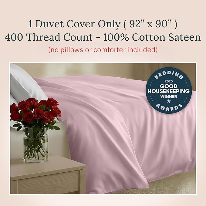 Full/Queen Duvet Cover Only - Premium 400 Thread Count, Natural 100% Cotton Duvet Covers Queen, Soft Sateen Weave, Button Closure and Corner Ties - Pink