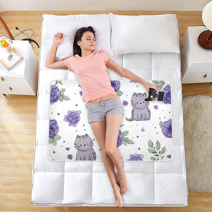 Waterproof Bed Pad Reusable Changing Pad Toddler Mattress Protector Large Pee Pad Baby Diaper Pad Soft Washable Liner Purple Roses and Cute Cats