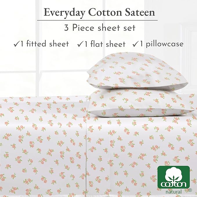 California Design Den Floral Sheet Set Twin XL, 100% Cotton Sheets, 12" Pocket Twin XL Sheets & Pillowcase Set, Soft Sateen Weave - Chic Floral