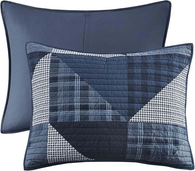 Woolrich Olsen Reversible Quilt Set - Cottage Styling Reversed to Solid Color, All Season Lightweight Coverlet, Cozy Bedding Layer, Matching Shams, Oversized Full/Queen, Geometric Plaid Blue 3 Piece