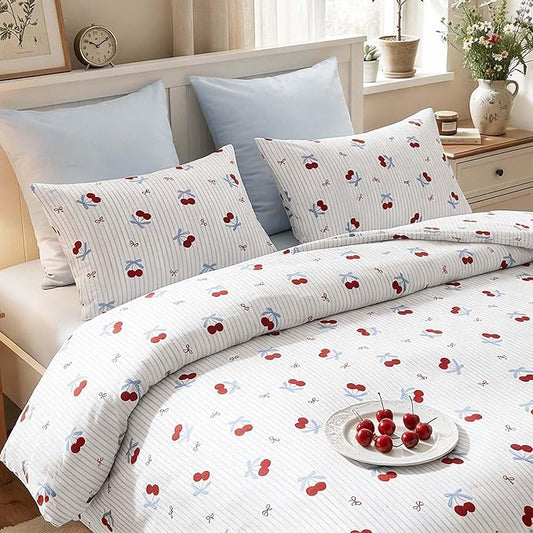 Nayoroom Blue Striped Bow Duvet Cover Queen Size Red Cherry Duvet Cover 3 Pieces Soft Lightweight Microfiber Girls Cute Aesthetic Dorm Bedding Set with Zipper Closure